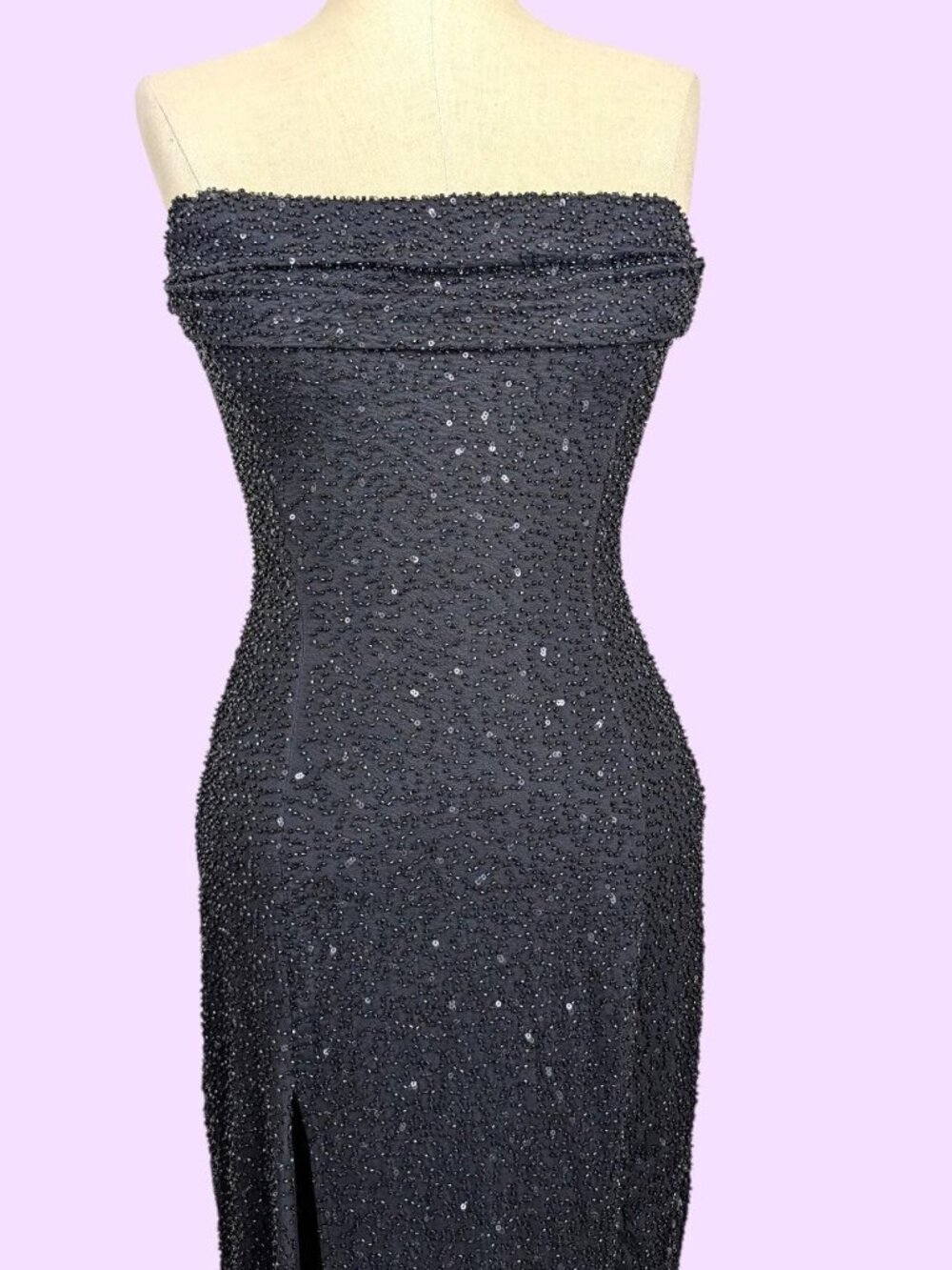 Oh Polly Beaded Strapless Bandeau Cowl High Slit Dress